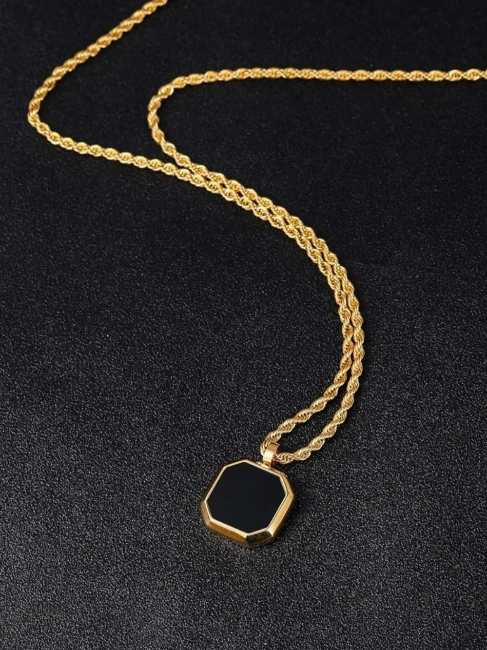 Gold Pendant Necklace with Black Inlay - Women Jewelry